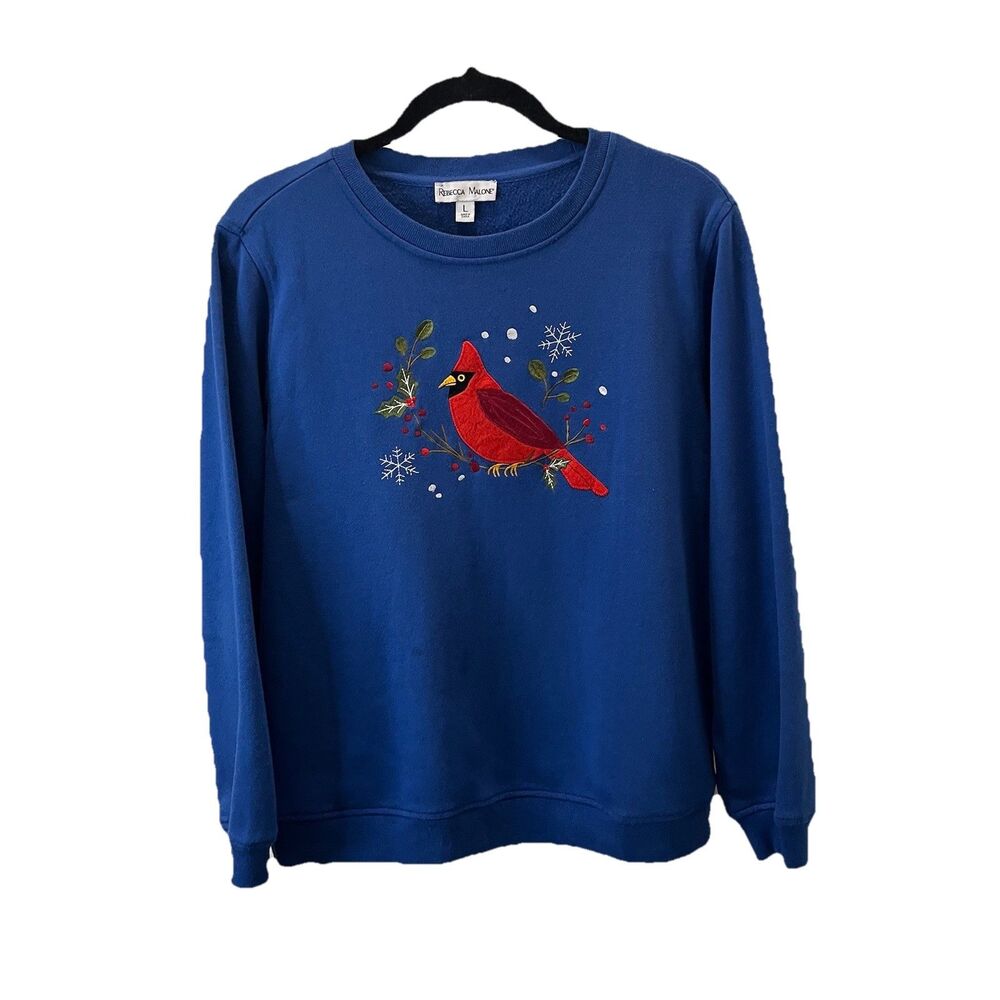 Rebecca Malone Women's Size L Blue Sweatshirt Embroidered Cardinal Red Bird